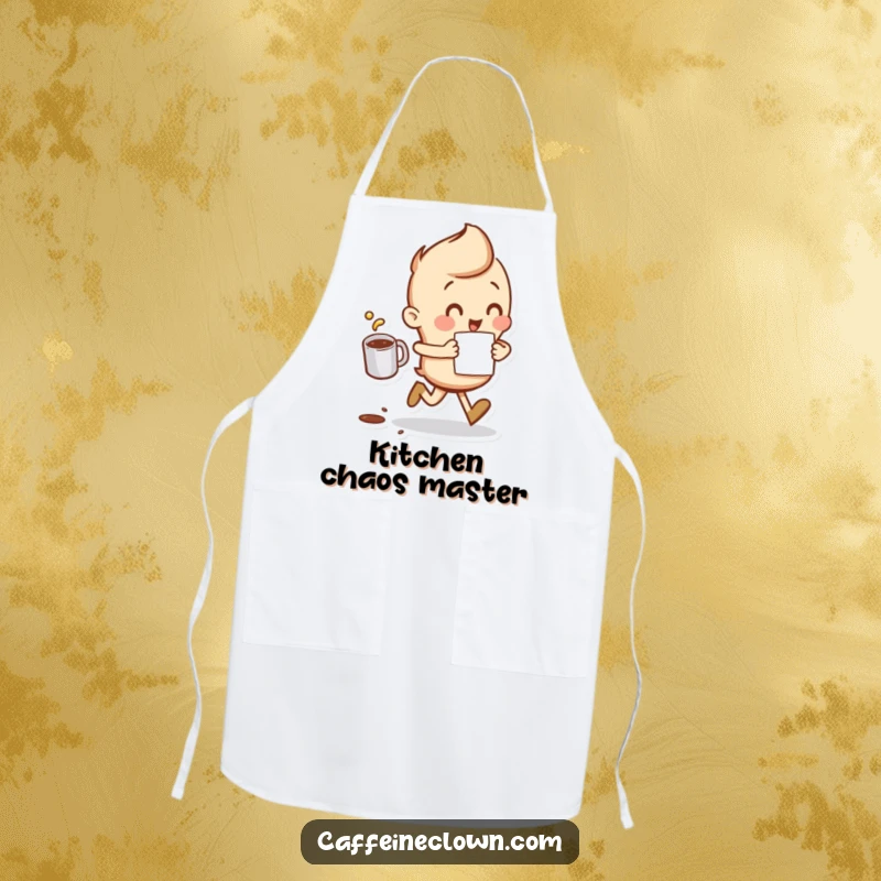 Funny Apron showing a character running with a coffee cup and a slight spill, perfect for energetic kitchen sessions.