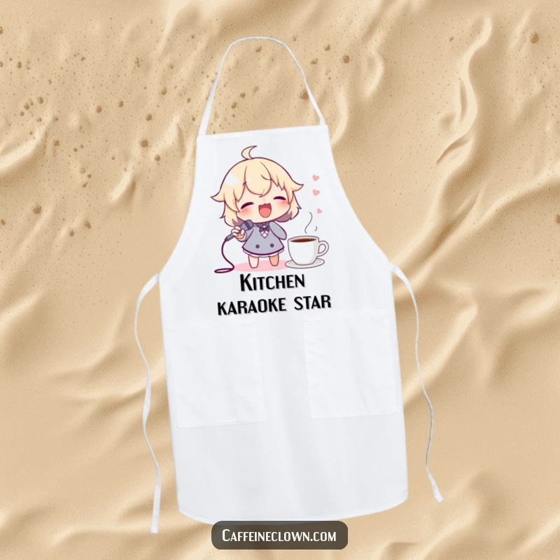 Funny kitchen apron featuring a character singing joyfully into a spoon mic, with coffee nearby, perfect for culinary performers.