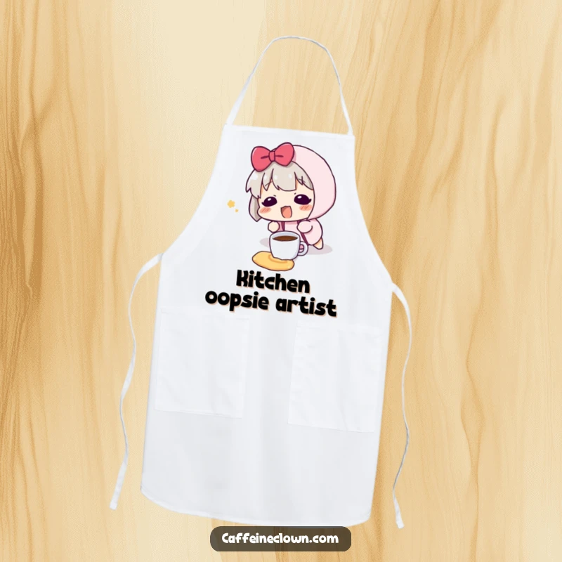 Funny apron with a character tripping and spilling a tiny coffee cup, showing a surprised blush, ideal for cooks.