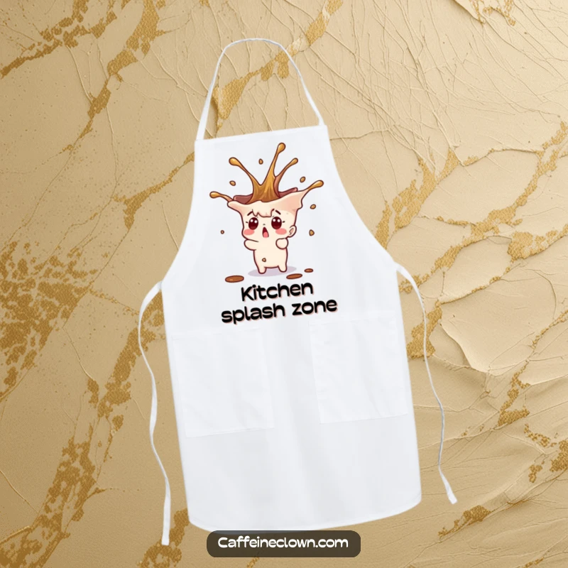 Funny tiny character with a surprised expression and a coffee splash erupting upwards, on a practical kitchen apron.