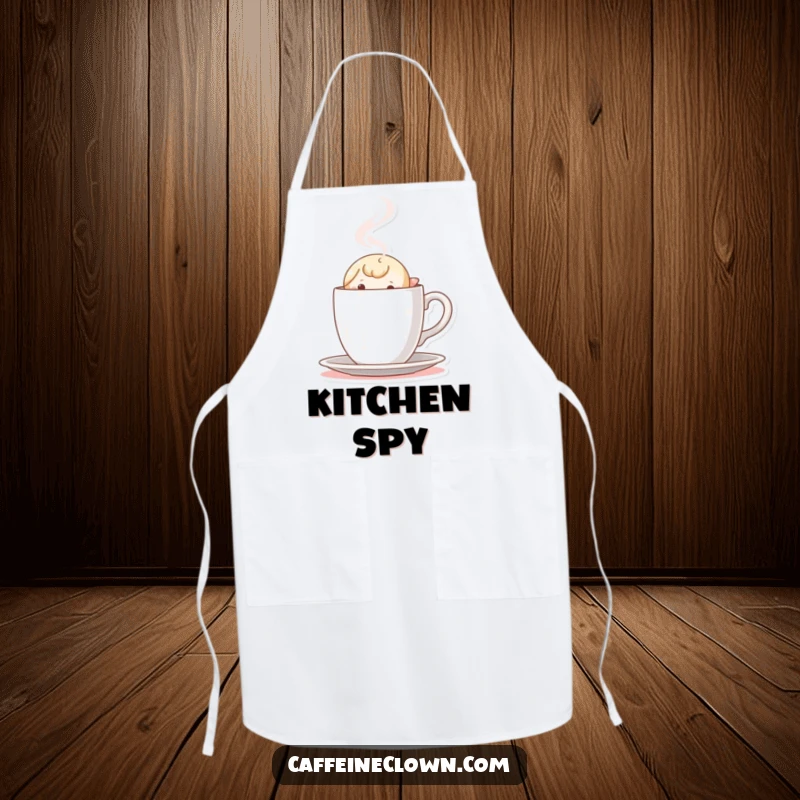 Funny Apron: Tiny character peeking out with curiosity from behind a steaming coffee cup, adding fun to cooking.
