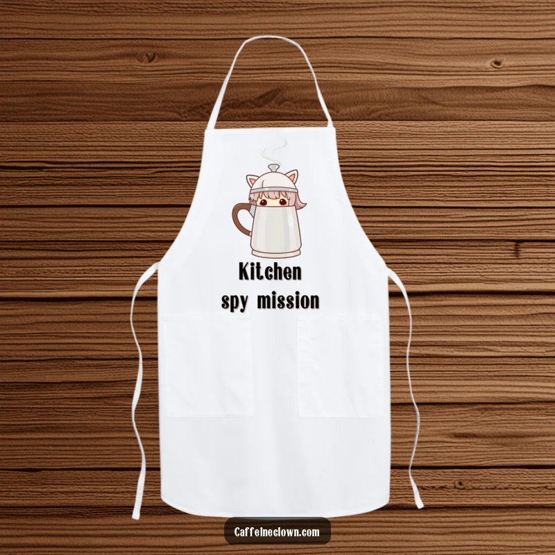 Funny Apron with a character peeking from behind a steaming coffee pot, perfect for playful kitchen activities.