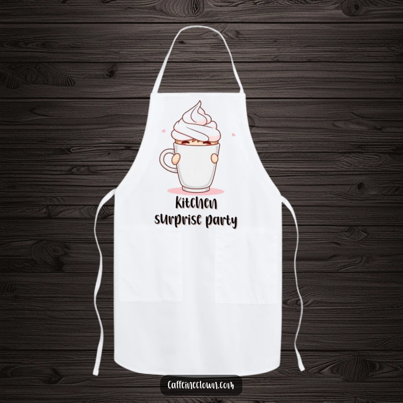 Funny Apron with a character spraying whipped cream from a coffee cup mid-sip, great for cooking messes.