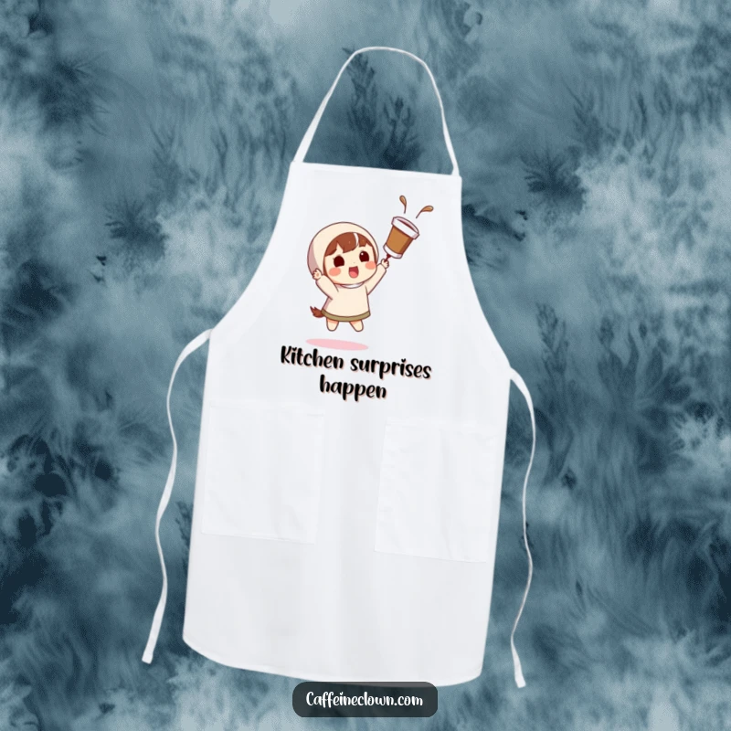 Funny apron with a character catching a flying coffee cup with a surprised grin, perfect for kitchen attire.