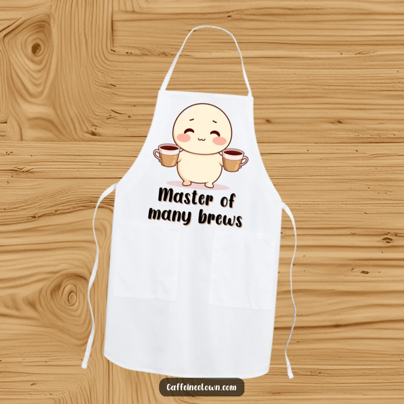 Funny apron featuring a cute, round character with rosy cheeks juggling three steaming coffee cups, ready for culinary fun.