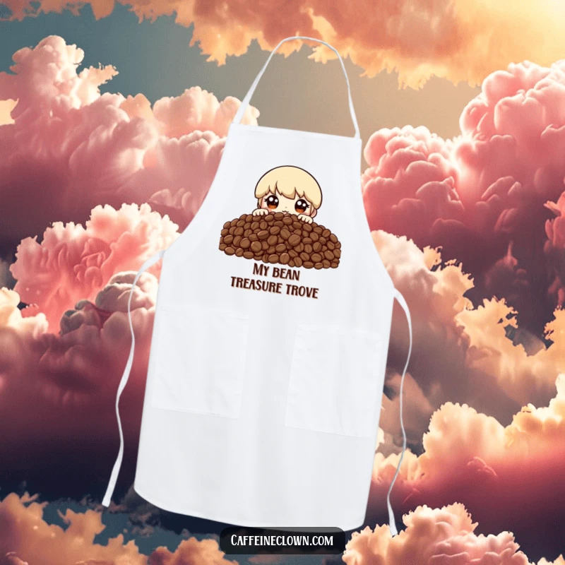 Funny apron showing a character peeking over a large mountain of coffee beans with wide, excited eyes, perfect for the enthusiastic coffee brewer.