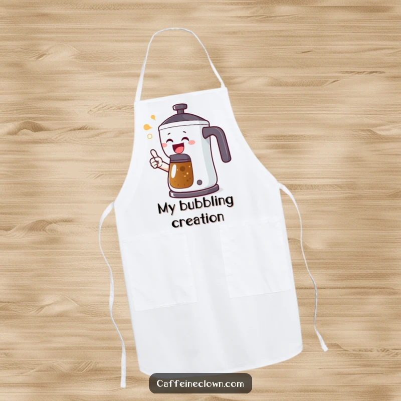 Funny apron showing an excited character pointing at a bubbling coffee pot, perfect for chefs and home cooks who appreciate fresh brew.
