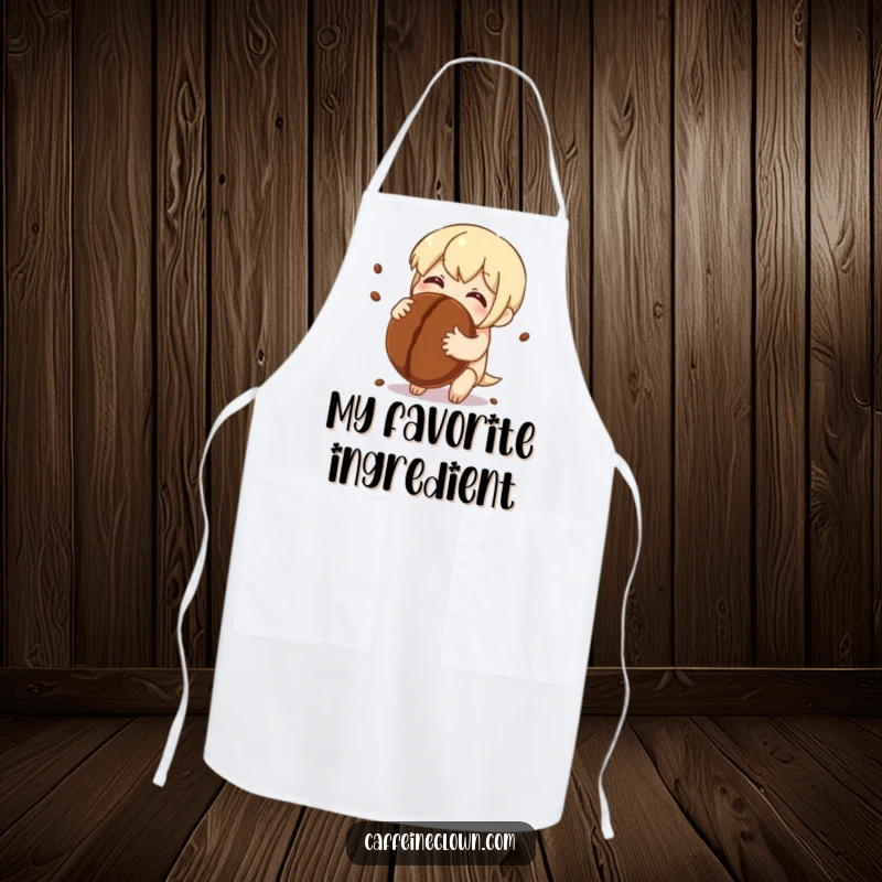 Funny Apron: Character embraces a giant coffee bean with sparkling eyes full of delight, perfect for a loving cook.