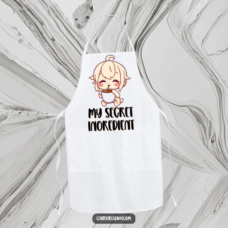 Funny apron featuring a character with a delighted, puckered expression tasting coffee, perfect for kitchen activities with a humorous flavor focus.