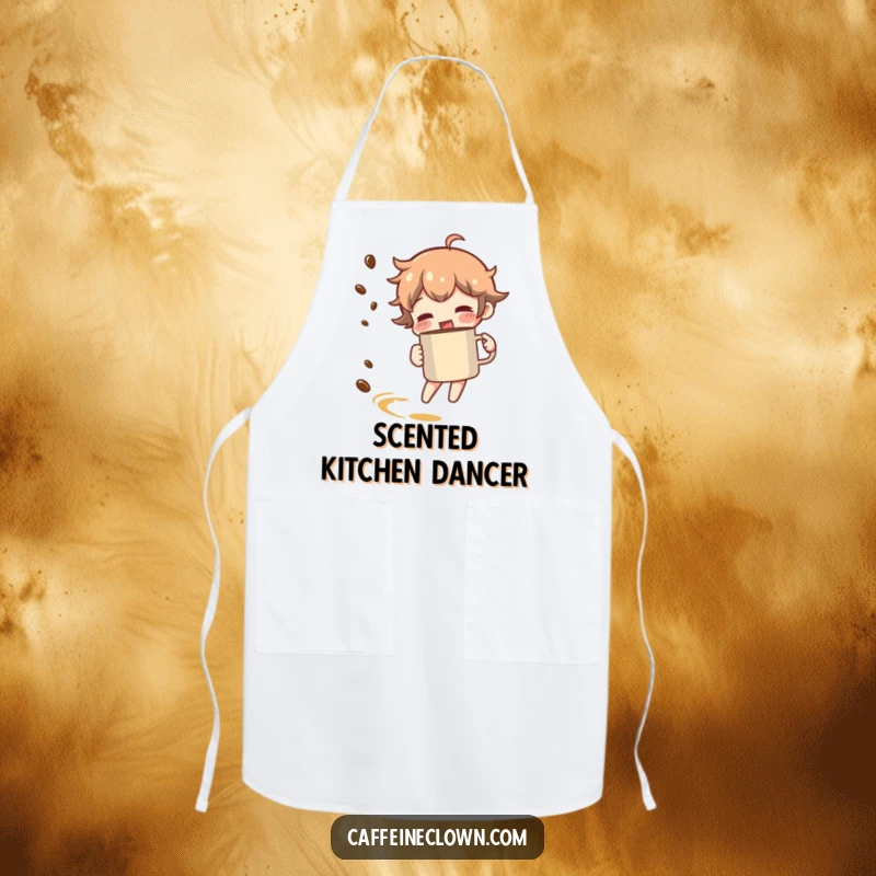 Funny apron with a character spinning with a coffee mug, leaving a trail of coffee aroma, ideal for cooks.