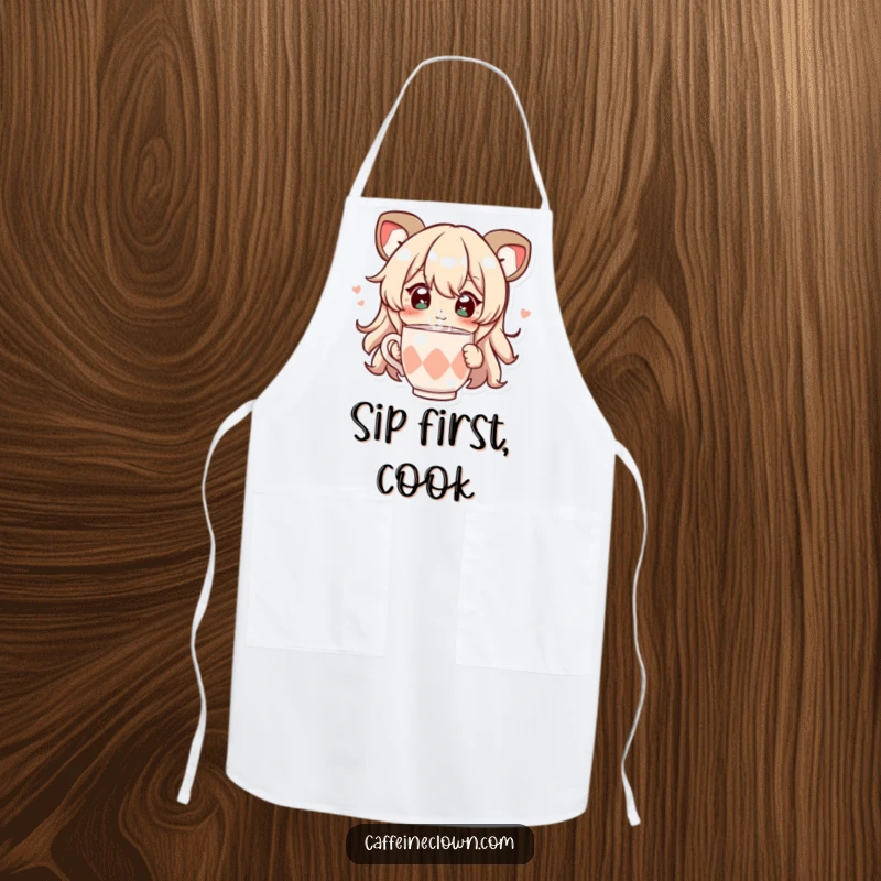 Funny apron featuring a character with sparkling eyes, joyfully sipping from a steaming cup, perfect for kitchen wear.