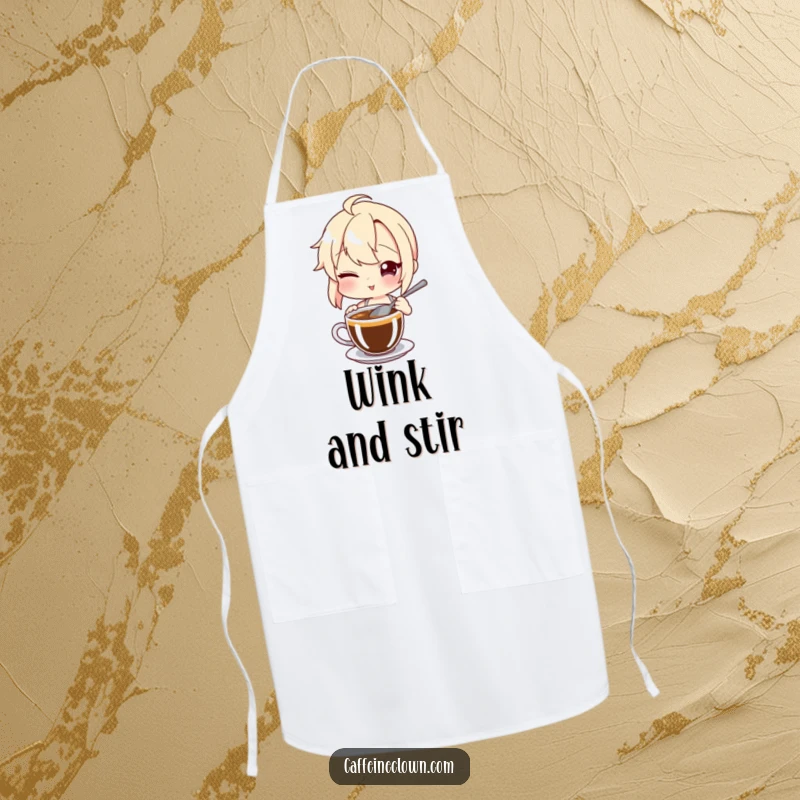 Funny Apron: Character winks mischievously while stirring a coffee cup, adding a fun and witty touch to kitchen wear.