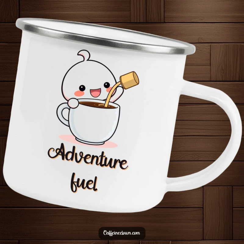 Funny Camping Mug: Kawaii character gleefully pouring coffee into a gigantic cup, ready for campfire coffee fun.
