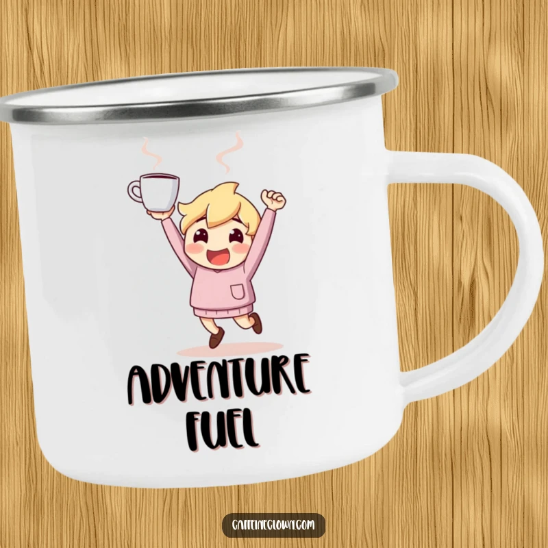 Funny Camping Mug: Character bounces with high energy, holding a steaming coffee cup aloft, ideal for active adventurers.