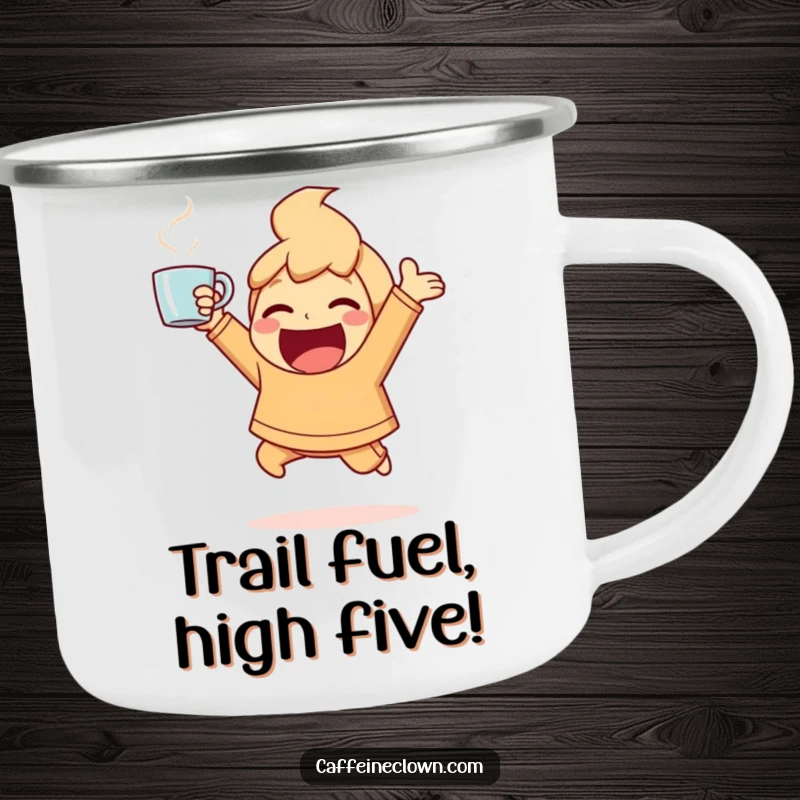 Funny Camping Mug of an ecstatic character bouncing with energy, holding a steaming coffee cup, for outdoor use.