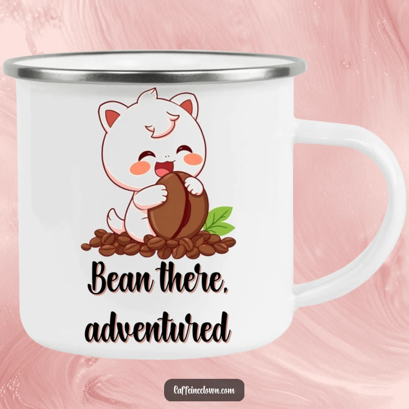 Funny Camping Mug with a cute character giggling joyfully while holding a coffee bean, for coffee-loving adventurers.