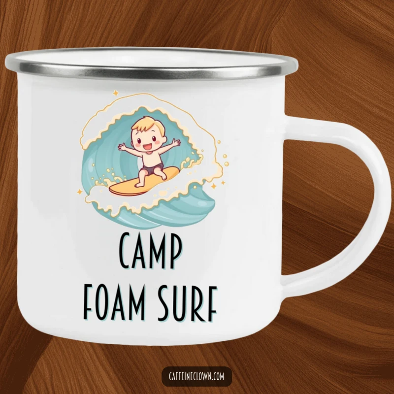 Funny adorable subject joyfully surfing a wave made of latte foam, on a durable enamel camping mug.