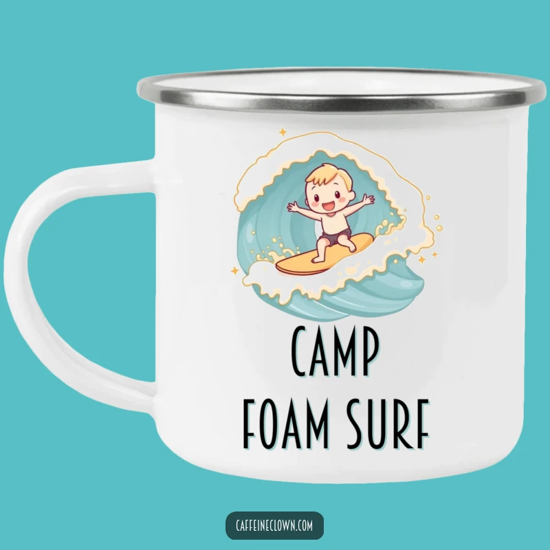 Funny Latte Foam Surfer Camping Mug: Adventure on the Waves