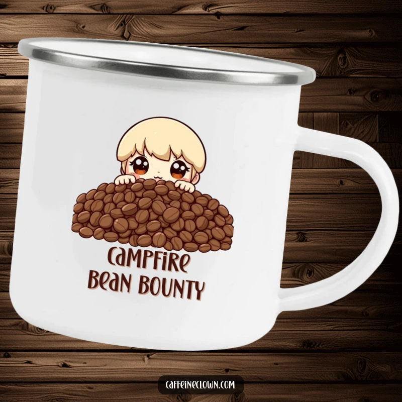 Funny camping mug themed around a mountain of coffee beans with an excited character peeking over, perfect for outdoor brews.