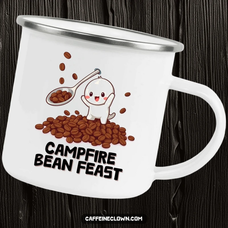 Funny camping mug featuring a playful character with a giant spoon catching falling coffee beans, perfect for outdoor fun.