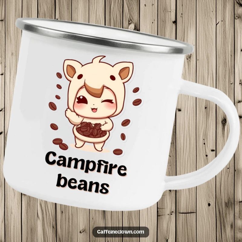 Funny Camping Mug: Character winking playfully while juggling coffee beans, ready for any outdoor coffee break.