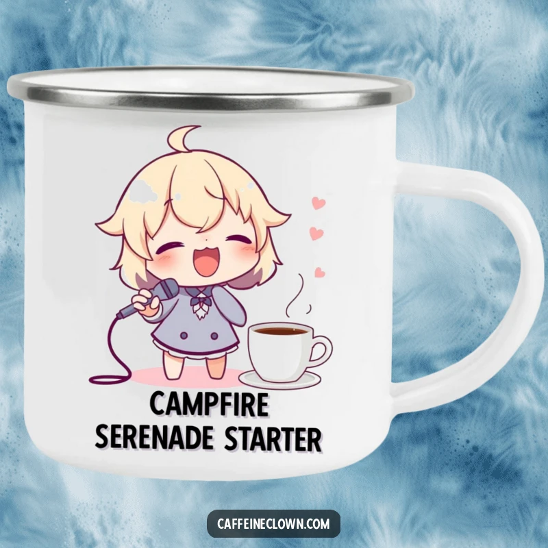 Funny enamel camping mug with a character singing joyfully into a spoon mic, coffee nearby, perfect for outdoor serenades.