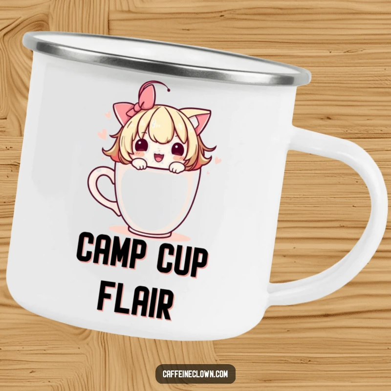 Funny camping mug depicting a cute character adorning a coffee cup with a playful flourish, ready for outdoor enjoyment.