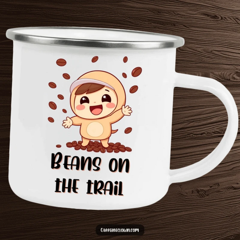 Funny camping mug depicting a happy character juggling coffee beans, built tough for outdoor coffee enjoyment and a dose of cheer.