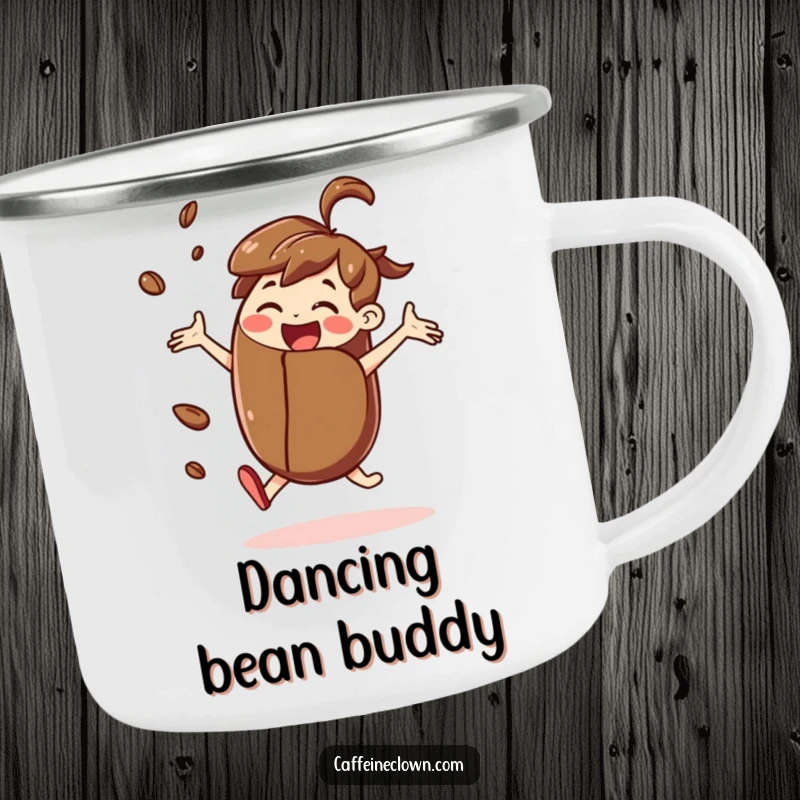 Funny camping mug depicting a joyful character dancing while holding a giant coffee bean, ready for outdoor fun.