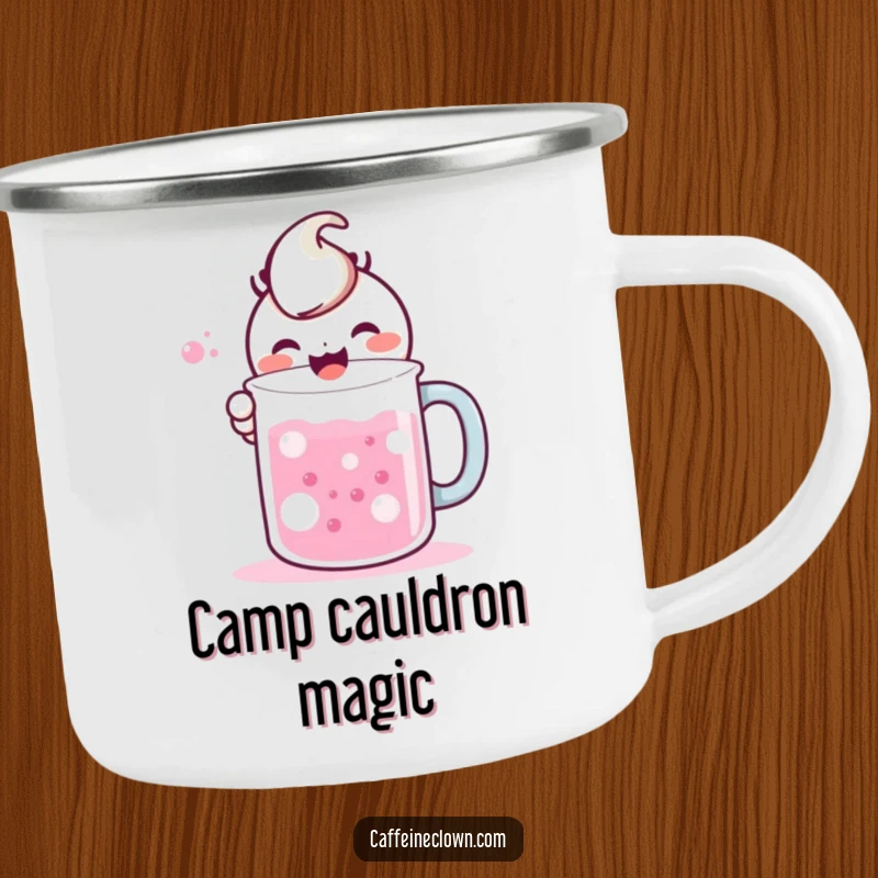 Funny camping mug depicting a kawaii character gleefully mixing bubbling liquids in a large mug, ready for any adventure.