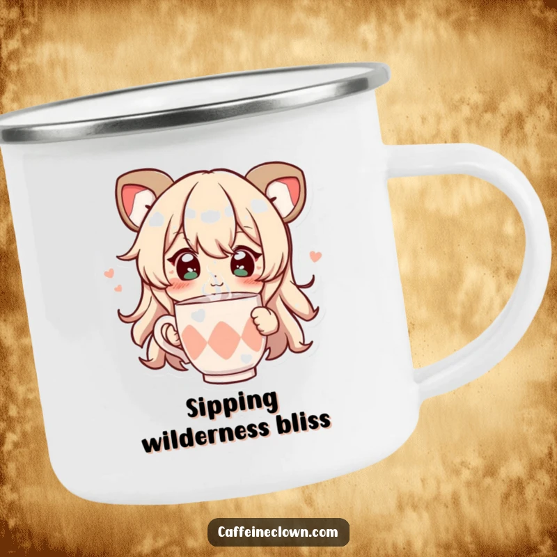 Funny camping mug depicting a character with sparkling eyes, joyfully sipping from a steaming cup, ready for outdoor enjoyment.