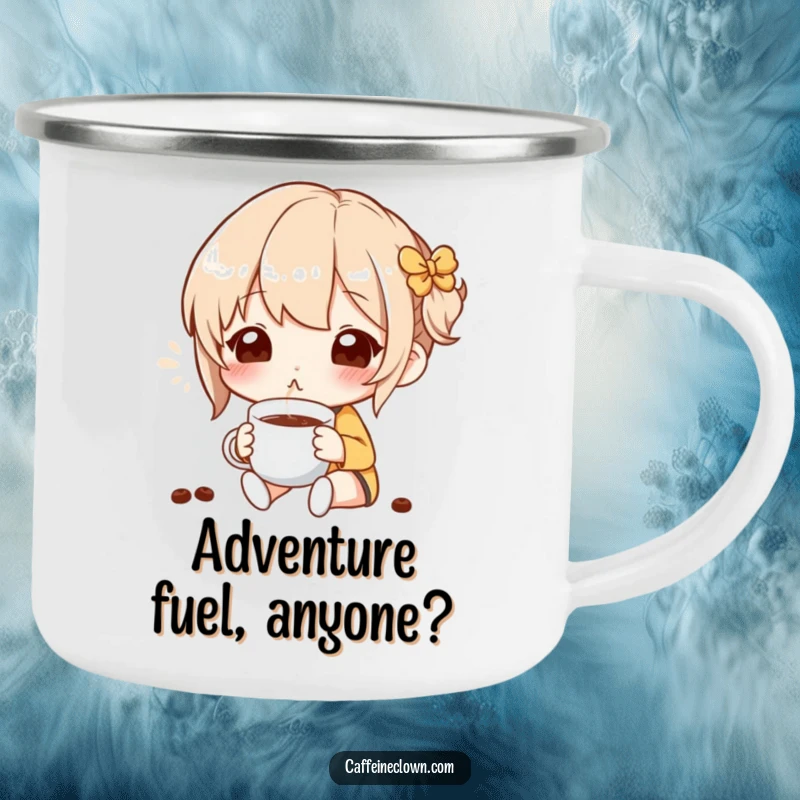 Funny Camping Mug showing a character smelling coffee aroma blissfully, designed for outdoor enthusiasts who love coffee.