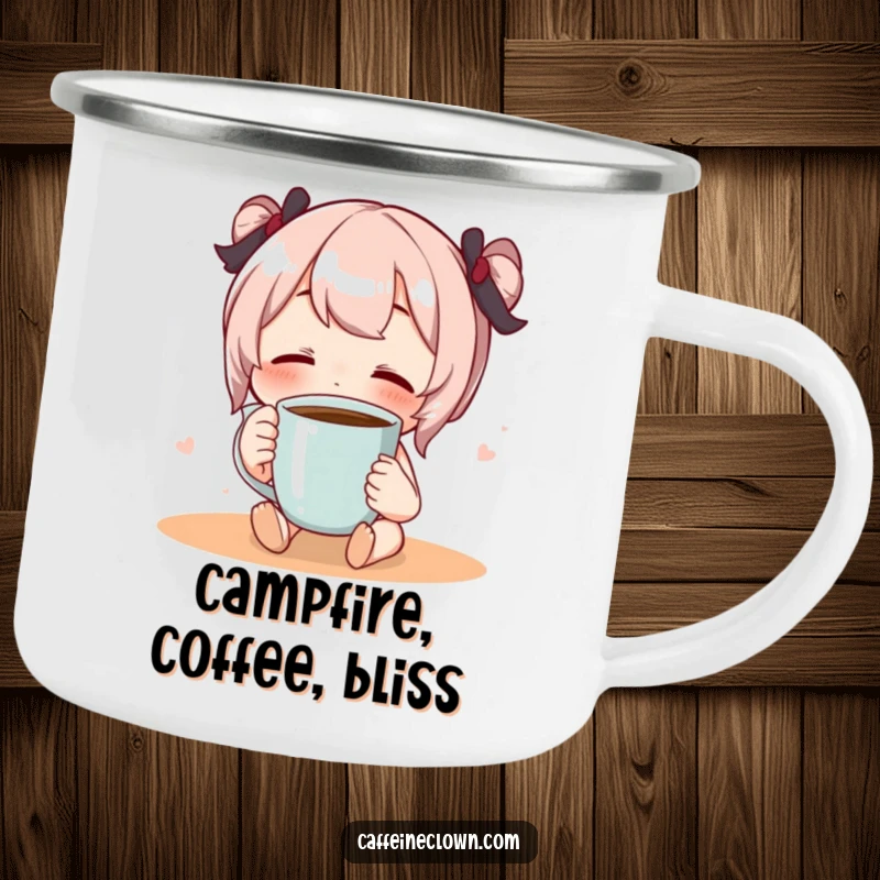 Funny, sturdy camping mug with a character sipping coffee with eyes closed in pure bliss, ideal for outdoor relaxation.