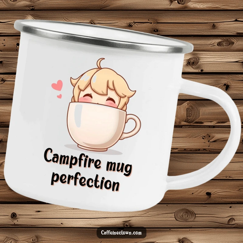 Funny camping mug featuring a blushing character happily sipping from a comically oversized coffee cup, ideal for campers.