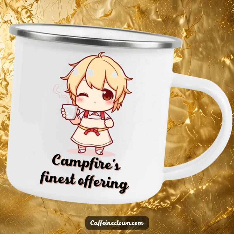 Funny camping mug with a character in an apron presenting a steaming cup, ideal for outdoor cooking and warm beverages.