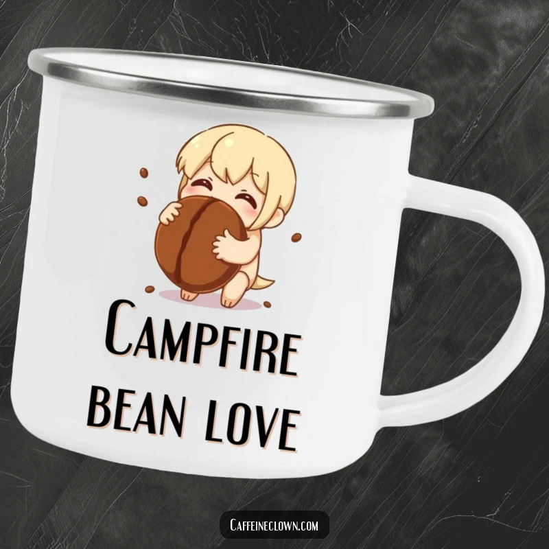 Funny Camping Mug: Character embraces a giant coffee bean with sparkling eyes full of delight, ideal for coffee-loving adventurers.