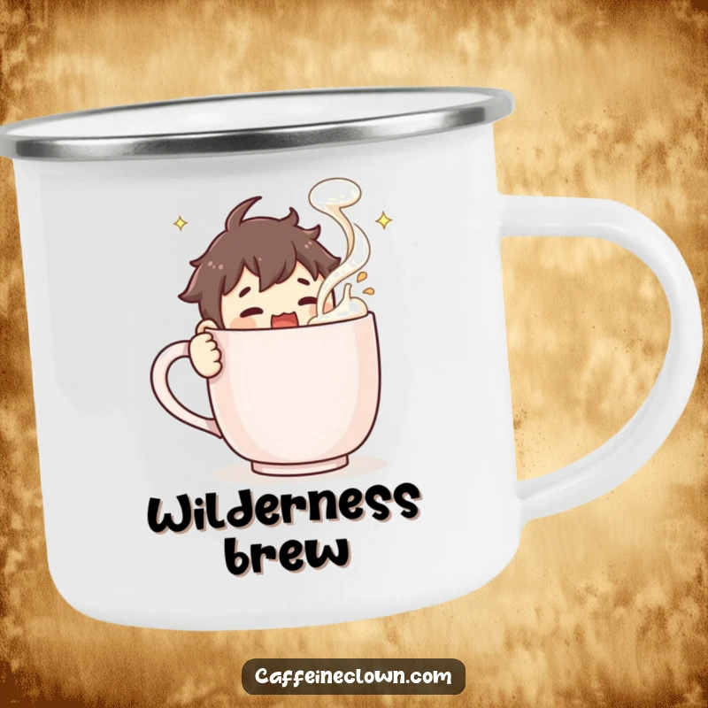 Funny Camping Mug: Character energetically stirs a large steaming coffee mug, froth flying, ideal for outdoor coffee enthusiasts.