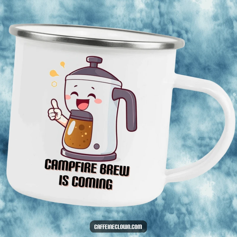 Funny camping mug with an excited character pointing at a bubbling coffee pot, perfect for enjoying hot beverages during outdoor excursions.