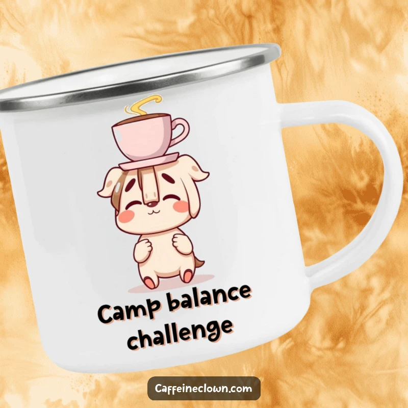 Funny camping mug with a character clumsily balancing a coffee cup on their nose, perfect for outdoor adventures with a humorous, clumsy coffee theme.