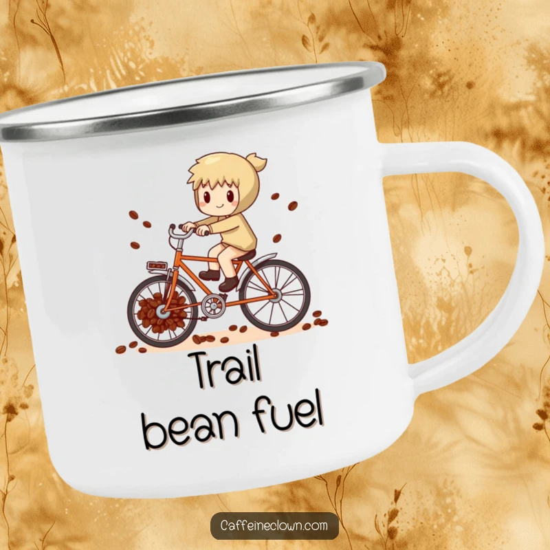 Funny whimsical character pedaling a bicycle powered by coffee beans, on a durable enamel camping mug.