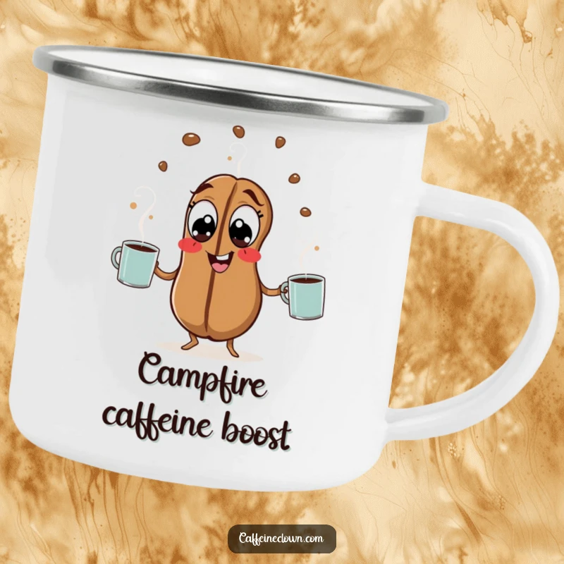 Funny Coffee Bean Camping Mug: A hyperactive coffee bean juggles steaming mugs, perfect for outdoor caffeine adventures.
