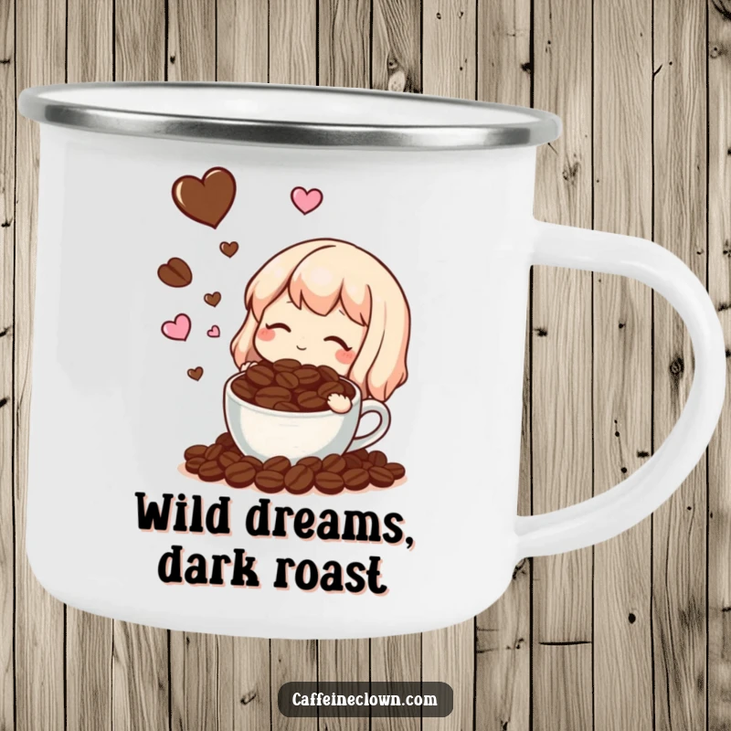 Funny, sturdy camping mug showing a character dreaming of coffee beans and hearts, ideal for outdoor coffee enjoyment.
