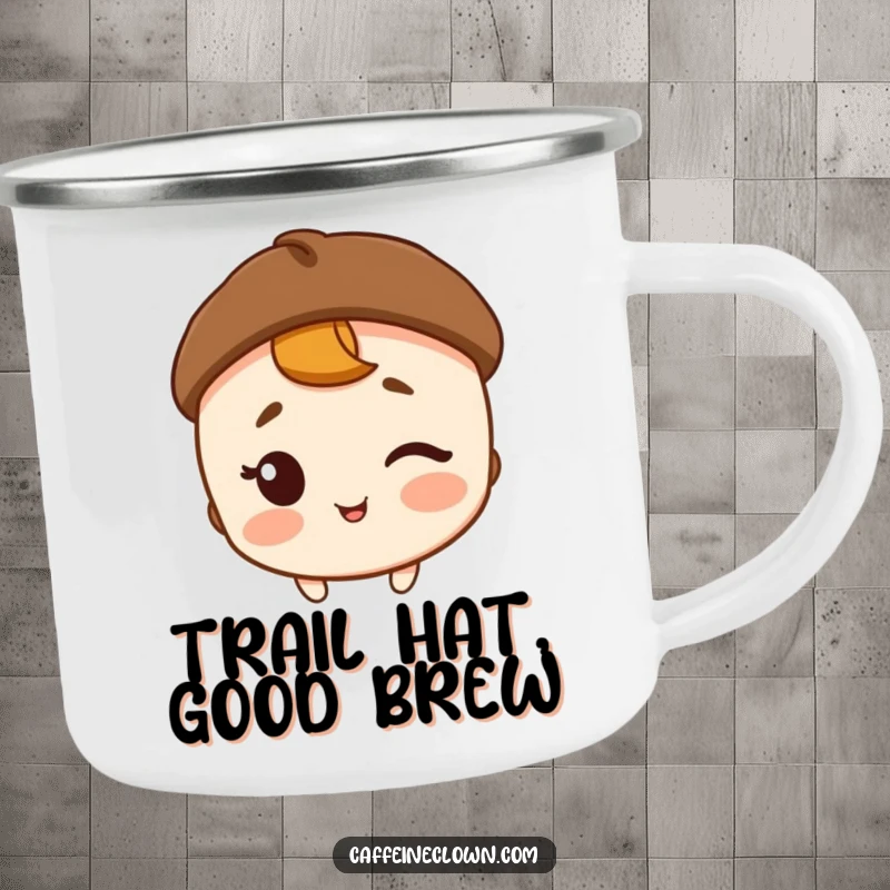 Funny, sturdy camping mug with a winking character in a coffee bean hat, ideal for outdoor coffee enjoyment.