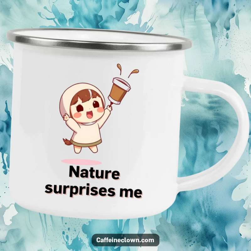Funny, sturdy camping mug with a character catching a flying coffee cup with a surprised grin, ideal for outdoor coffee.
