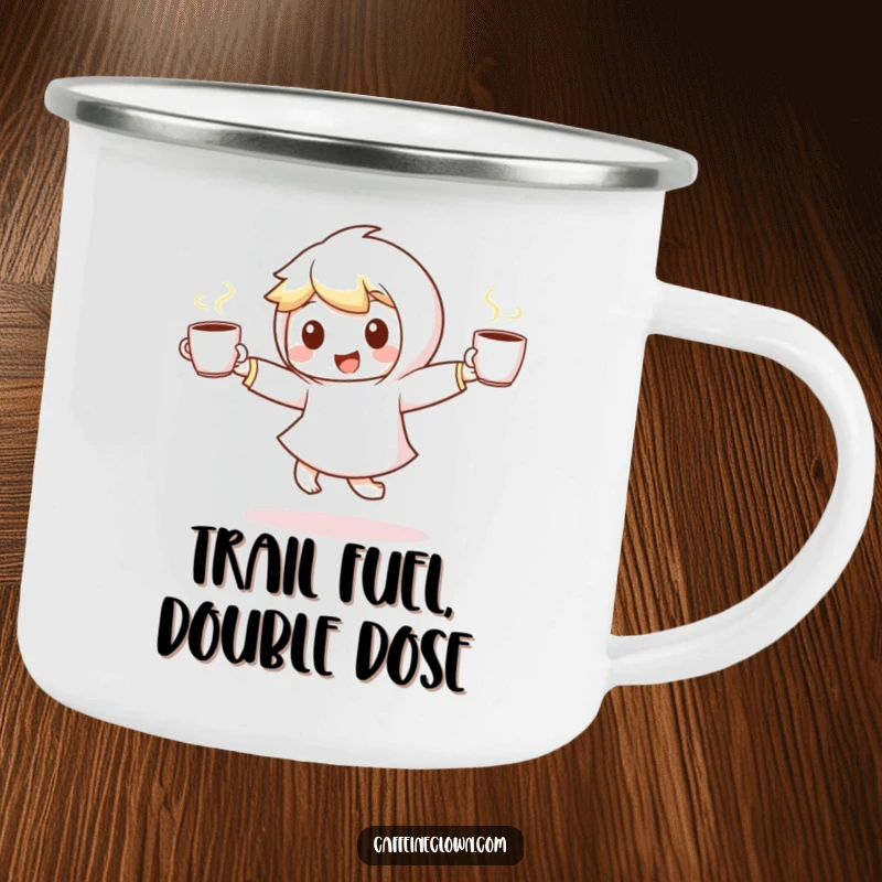 Funny camping mug featuring a small, energetic character dancing with coffee, ideal for adventurous coffee drinkers who love humor.