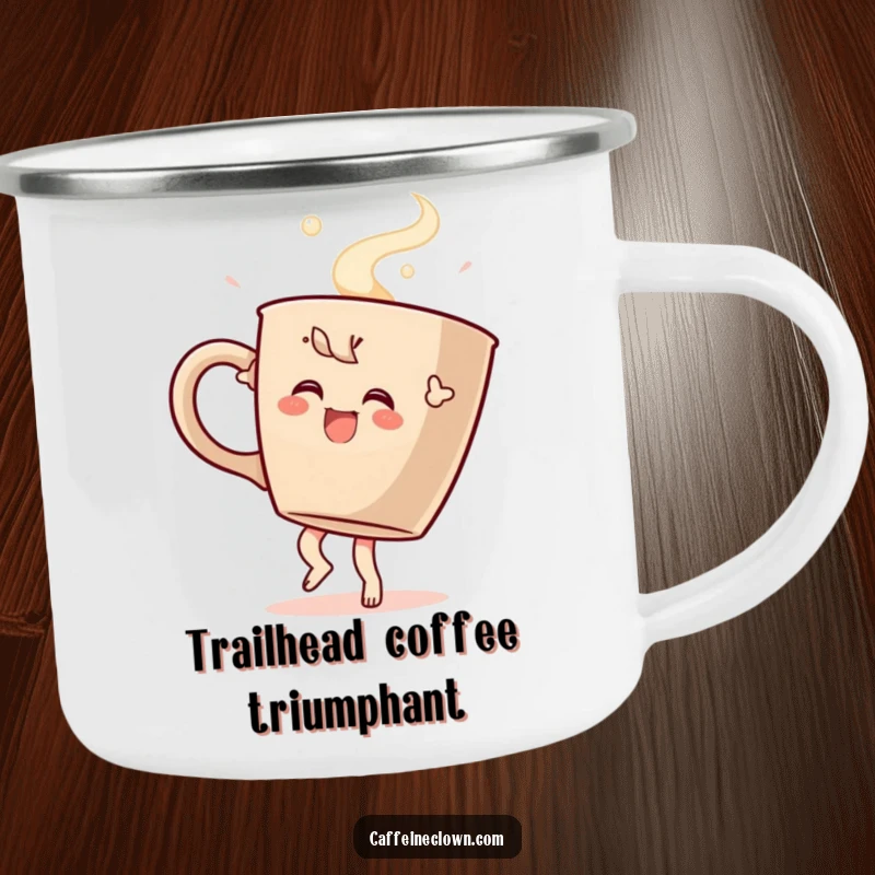 Funny camping mug showcasing a character dancing with a steaming coffee cup, perfect for enjoying hot beverages during outdoor adventures with a smile.
