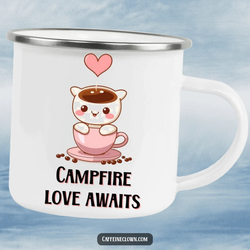 Funny Camping Mug depicting coffee steam forming a heart, perfect for romantic outdoor coffee breaks.