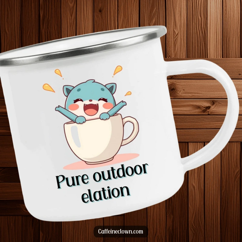 Funny camping mug featuring a delighted character bursting from a steaming coffee cup, perfect for joyful outdoor coffee enjoyment.
