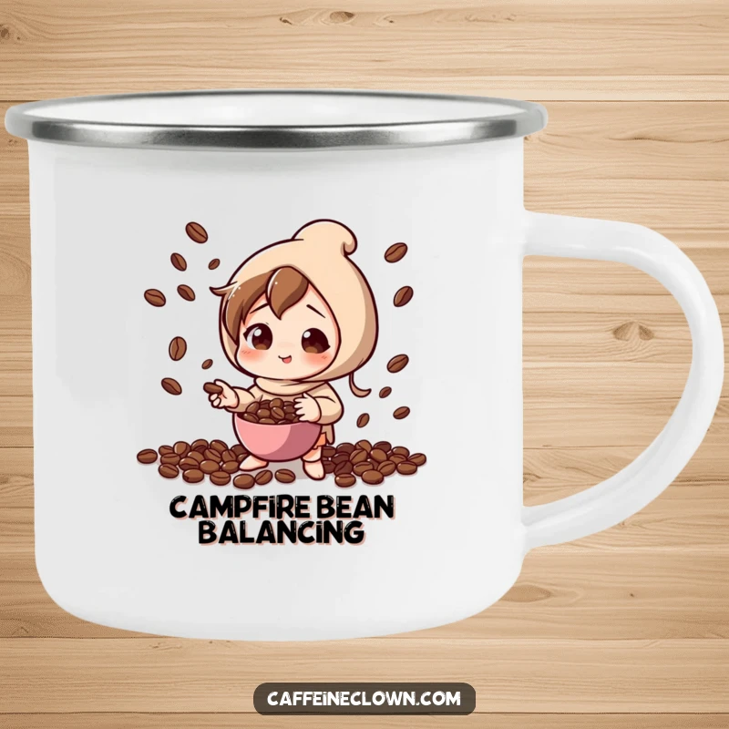 Funny camping mug showing a character playfully concentrating while juggling coffee beans, perfect for enjoying outdoor brews with a sense of accomplishment.