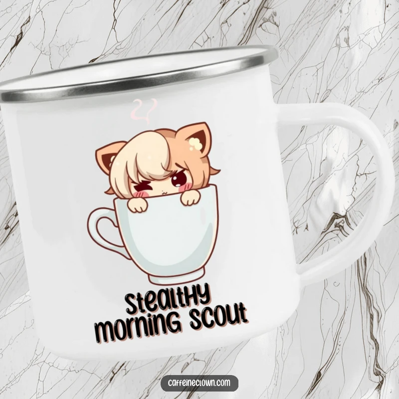 Funny camping mug showing a mischievous character peeking from a steaming coffee cup, perfect for outdoor enjoyment.